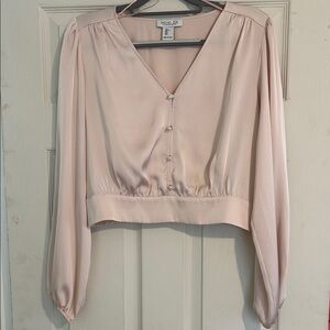 Rachel Zoe Blush Satin V-Neck Long Sleeve Blouse